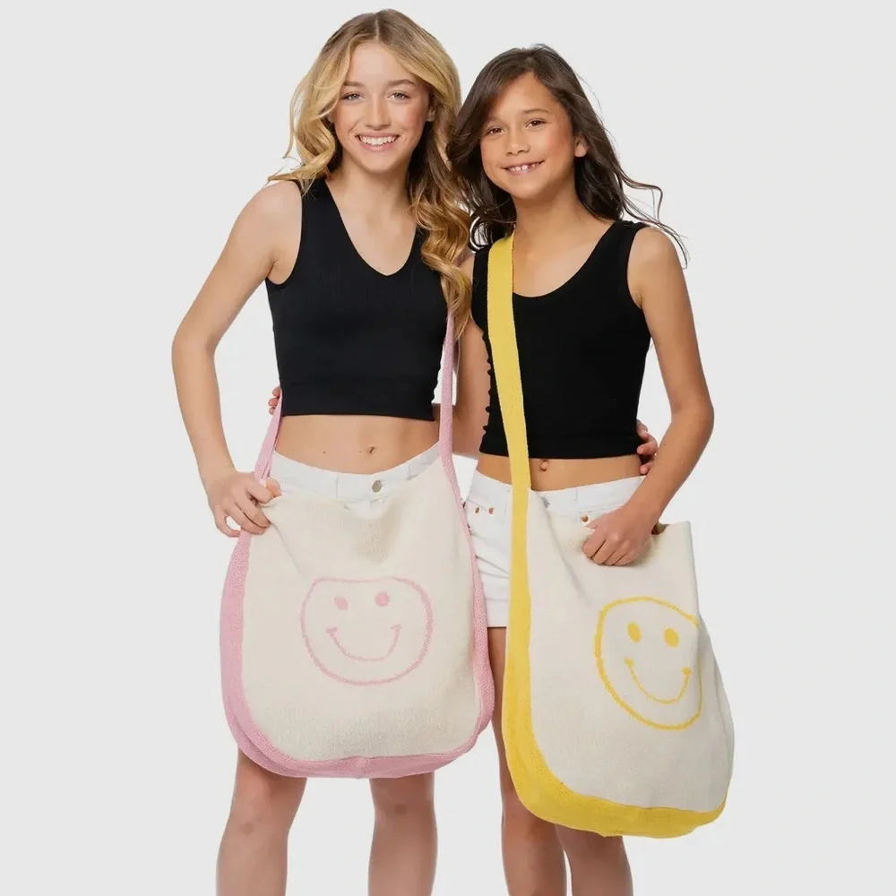 Gyto smile  face stretched, tote, bag, pink, and cream